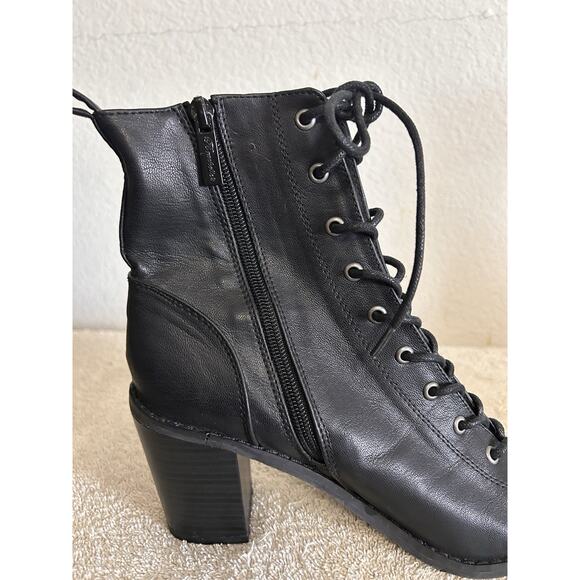 Breckelles Tina-15 SZ 8 Black Lace Up Boot Open Toe Block Heel Zip Faux Leather - Picture 13 of 16